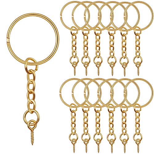BronaGrand 50pcs 25mm Split Key Ring with Extend Chain and 12mm Screw Eye Pin for Craft Charm Making,Gold