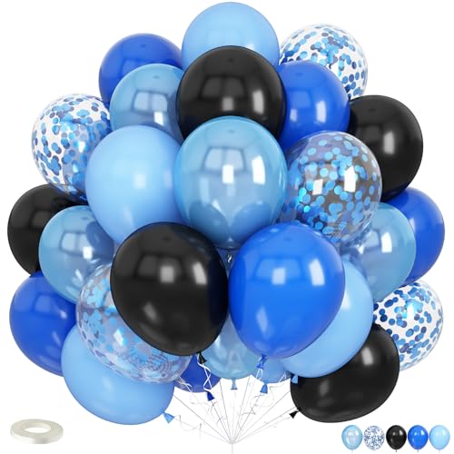 Image of Blue and Black Balloons, 60pcs 12 Inch Dark Royal Pearl Light Blue Black Balloons with Confetti Balloon for Boys Men Birthday Graduation Class of 2026 Video Game Retirement Father's Day Party Decor