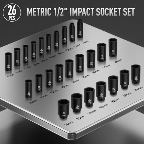 DISEN 26 Pcs Metric 1/2" Impact Socket Set, Deep Sockets Set Impact, 6-Point,Cr-V,Rugged Construction 1/2 Inches Drive Socket 10mm - 36mm, with a Storage Cage