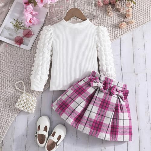 Image of Noubeau Toddler Girls Plaid Outfits Girls Puff Sleeve Knit Ribbed Shirt Tops Plaid Skirt Set Kids Fall Winter Clothes