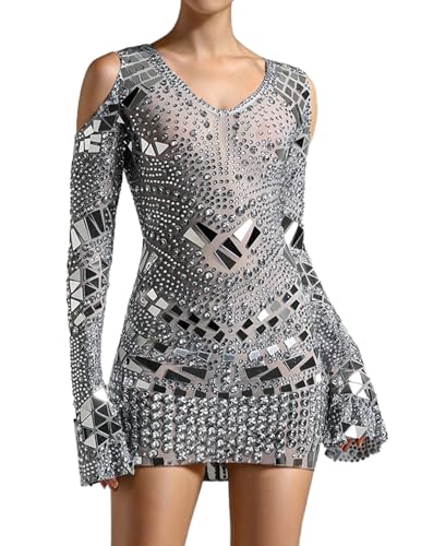 BELLA BARNETT Deep-V Midi Dress Silver Long Sleeve Dress for Women Sequin Dress