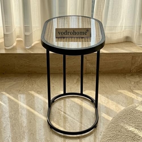 Image of Charcoal Rattan Cane Side Table with Glass top - Bohemian Solid Mango Wood Cane Iron Sofa Side end Table - Wood and Cane Nesting Table S#047 (Charcoal Black 1)
