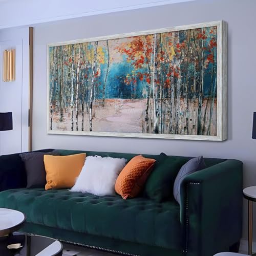 Ardemy White Birch Tree Canvas Wall Art Blue Forest Painting Landscape Picture, Modern Green Nature Artwork for Living Room Bedroom Bathroom Home Office Wall Decor, Large Wood Grain Framed 4