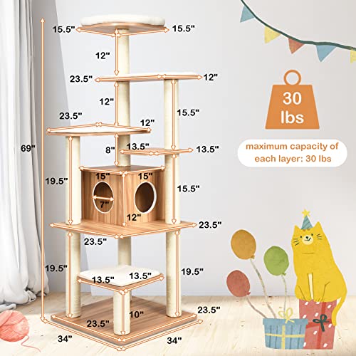 Petsite 69'' Tall Cat Tree, Wooden Large Cat Tower For Indoor Cats, Anti-Tipping Cat Condo House Perch, Modern Activity Trees With Removable Cushions & Scratching Post #TOP4