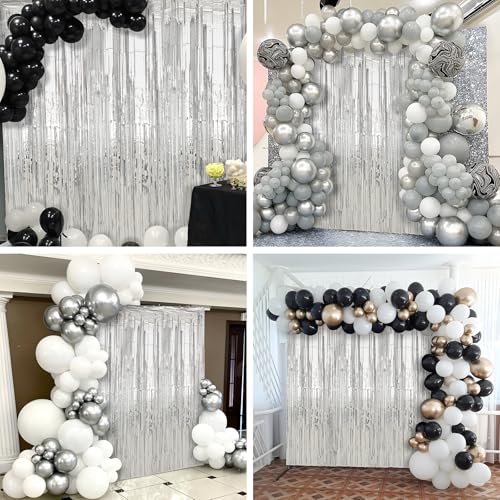 Image of 2 Pack Silver Foil Fringe Curtains Streamers Party Decorations 3.3 x 8.2 ft, Tinsel Curtain Fringe Backdrop for Parties, Silver Door Fringe Birthday Streamers, Photo Booth Backdrops, Party Decor