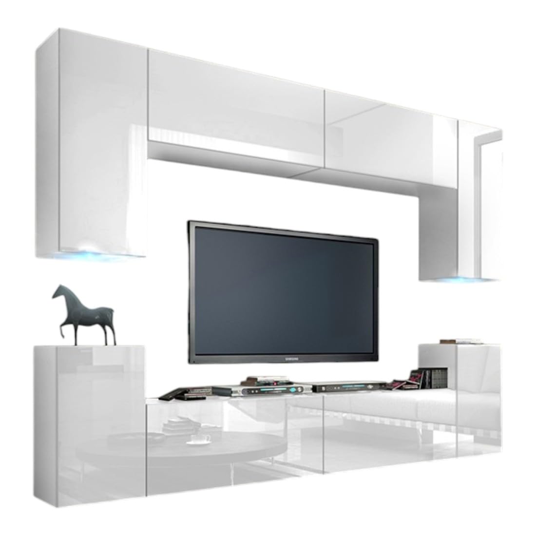 Meublorama Conjunto de Muebles de salón Blancos Colgantes colección CEPTO I 240cm, 8 Puertas, 6 estantes, Luces led.