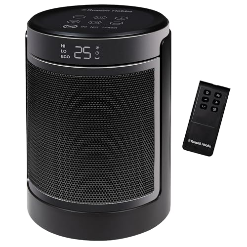 Russell Hobbs Space Heater in Black & Silver 1500W Silent Portable Oscillating Ceramic Round...
