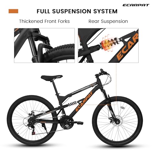 Image of Ecarpat 24 /26 /27.5 Inch Mountain Bike, Full /Front Suspension Mens Boys Mountain Bike with 21 Speed Steel Frame and Dual Disc Brakes, Adult Sport Bicycle for Trail City Road, Gift Choice