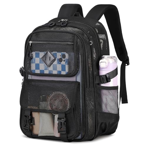 PIG PIG GIRL Mesh Backpack, Heavy Duty Net Bookbag Ultra-Lightweight See Through Backpack Breathable Transparent Backpack Clear Bag for School Beach Sports Gym, Black