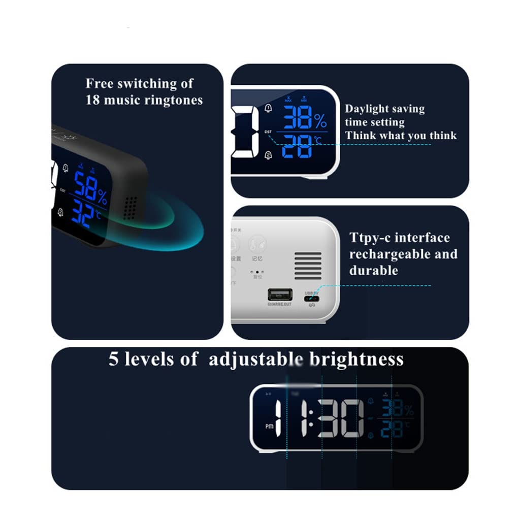 Reloj despertador con música LED, control de temperatura, humedad, control de voz, reloj de mesa, doble alarma, de pared, recargable, digital (gris)