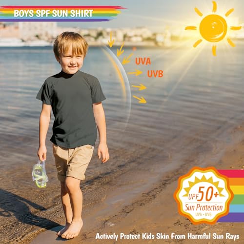 Image of Boy's UPF 50 Rash Guard Swim Shirts Short Sleeve Sun Protection SPF Fishing Surfing Water Beach Shirts Quick Dry