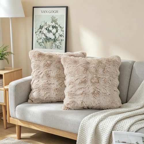 NIULAA 2er Set Deko Kissenbezug 50x50 Beige Weich Kunstpelz – Bild 2