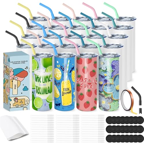 Cafultgo Lot de 24 gobelets de sublimation en vrac, 600 ml, droits fins et droits pour presse à chaud, pailles métalliques, emballage rétractable, brosse de nettoyage, boîte individuelle, ouverture de Cafultgo Lot de 24 gobelets de sublimation en vrac, 600 ml, droits fins et droits pour presse à chaud, pailles métalliques, emballage rétractable, brosse de nettoyage, boîte individuelle, ouverture de
