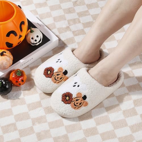 Halloween Fall Slippers for Women – Cozy Plush Fluffy House Slippers | Cute Cartoon/Spooky Pumpkin Design, Warm Lined, Non-Slip Indoor Outdoor Winter Home Shoes3
