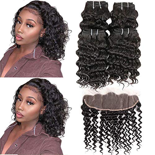 100 Human Hair Bundles Deep Wave with Frontal Free Part Ear to Ear 13x4 Lace Frontal with Bundles 8A Unprocessed 4 Bundles Brazilian Virgin Hair Deep Curly Weave with Frontal Short 8 8 8 8 with 8 Inch