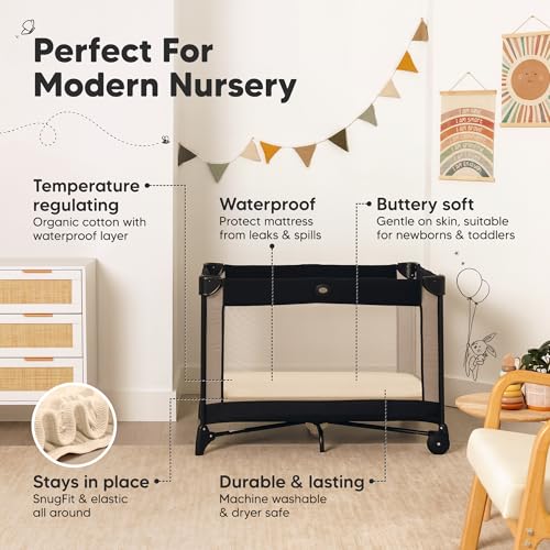 Image of 2 Pack and Play Sheets, Waterproof Mini Crib Sheets Fitted - 38x26 Organic Cotton Pack N Play Sheets for Graco Pack and Play Mattress, Playard Baby Crib Sheets, Neutral for Boy, Girl, Toddler (Pecan)