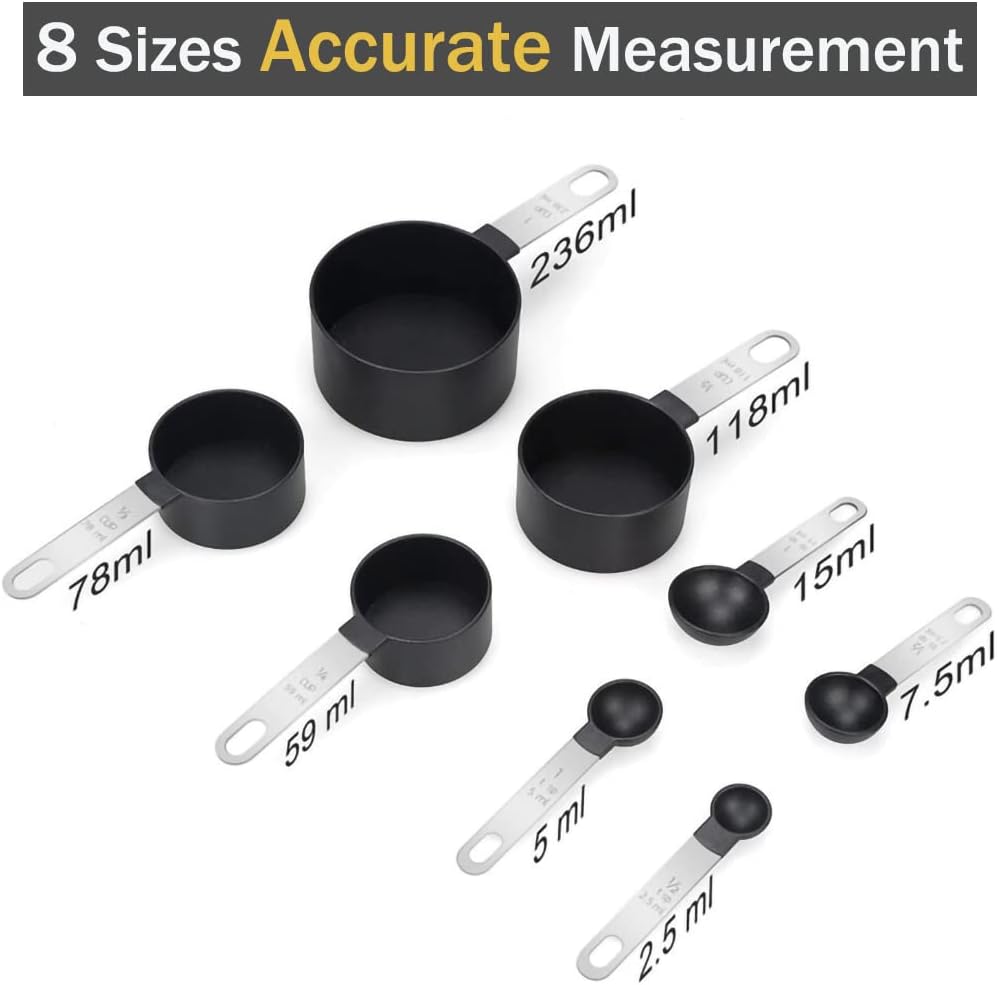 Measuring Cups and Spoons Set Kitchen Gadgets 8 Pieces, Stackable Stainless Steel Handle Measuring Cups for Measuring Dry and Liquid Ingredient (Black)