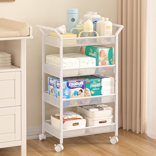 Image of Baby Diaper Caddy Cart, 4-Tier Diaper Caddy Organizer and Storage, Rolling Utility Cart for Baby Supplies, Diaper Cart with Wheels for Bedroom, Nursery, Changing Table, White