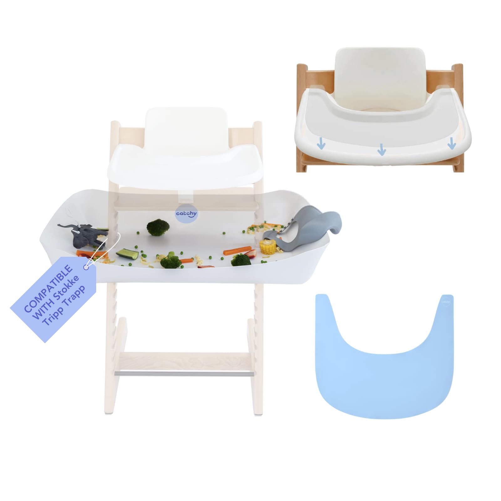 CATCHY - Stokke Tripp Trapp Bundle - 1 Catchy - The Food & Mess Catcher, 1 Silicone Placemat + 1 Suction Solver - for ONLY The Stokke Tripp Trapp