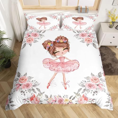 Homewish Girls Ballet Bedding Set Single Size for Kids Ballerina Duvet Cover Bedroom Decor Cute Little Dancer Comforter Cover Girly Rose Flowers Print Bedspread Cover