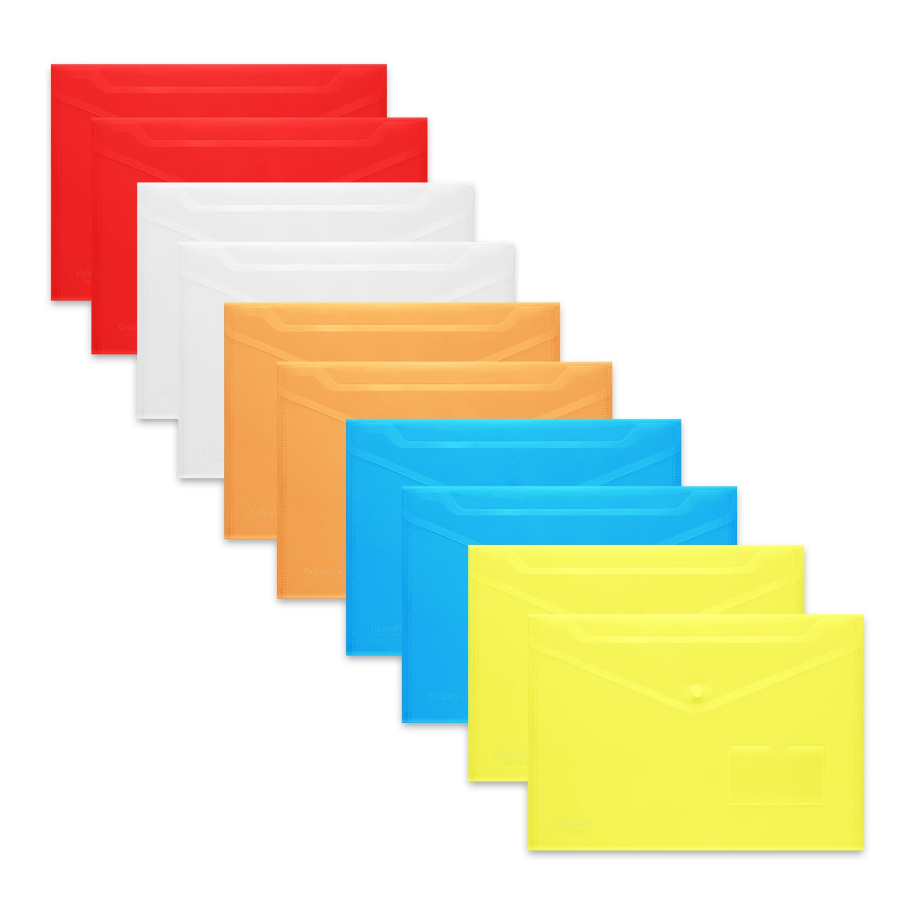FLEXOFFICE10 PCs A4 Sized Plastic Envelopes with Label Pocket and Snap Closure - - 5 Colors Document Folders for US Letter A4 Size Poly File Envelopes for School Home Work Office