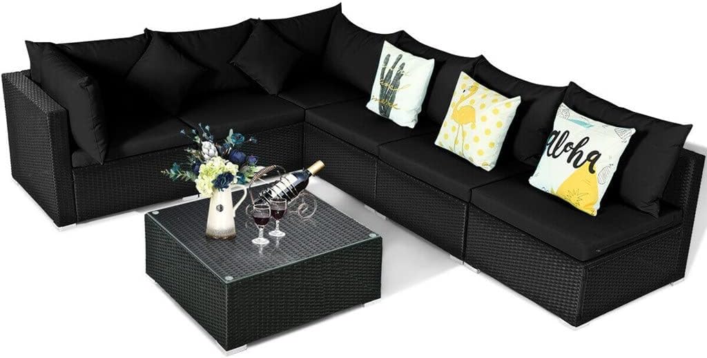 7PCS Patio Rattan Sofa Set Sectional Conversation Furniture Garden Black Comfortable