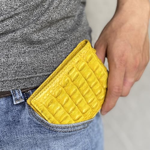 Image of Yellow Luxury Exotic Bifold Leather Wallet Men with Flip Out ID Window, Holder Credit Card, RFID Blocking, Leather Double Side Textured Gift Birthday, Wedding, Anniversary, Father's Day VINAM-108