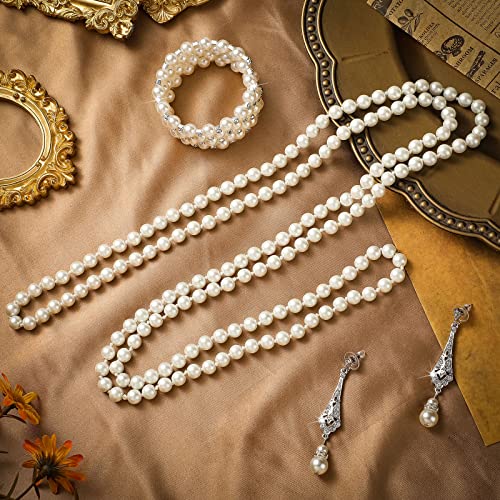 3 Pcs 1920s Pearl Jewelry Set - Including Pearl Necklace, Dangle Rhinestone Earrings & Bracelet for Women's Halloween Party 6
