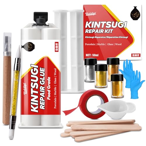 Verbessertes Kintsugi Reparatur Set - Porzellankleber Lebensmittelechter zum Reparieren von Keramik Porzellan Glas Skulpturen Goldkleber für Anfänger zum Restaurieren von Zerbrochenen Kunsthandwe