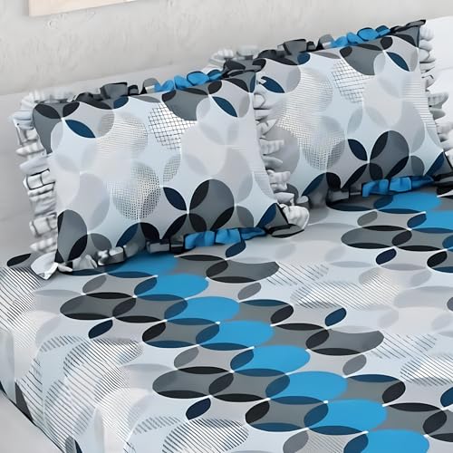 Image of 380 TC Premium Glace Cotton Elastic Fitted Bedsheet King Size with 2 Pillow Covers King Size | Double Bed with All Around Elastic (Blue&Gray), Fitted - 72 inchx78 inch King