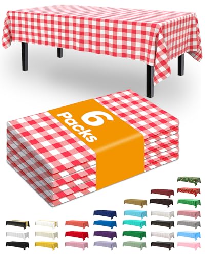 Image of Pureegg Plastic Table Cloth Disposable 6 Pack, 54 x 108 Inch, Red Plaid