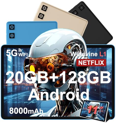 Tablet 11 Pollici Android 14 con Widevine L1, 8000 mAh+Ricarica Rapida 18 W, 5MP+13MP, 20 GB RAM+128 GB ROM (Espandibile Fino a 1 TB), 5G Wi-Fi, GPS, Octa-Core 2.0 GHz, 1280*800, Face ID, USB-C, Blu