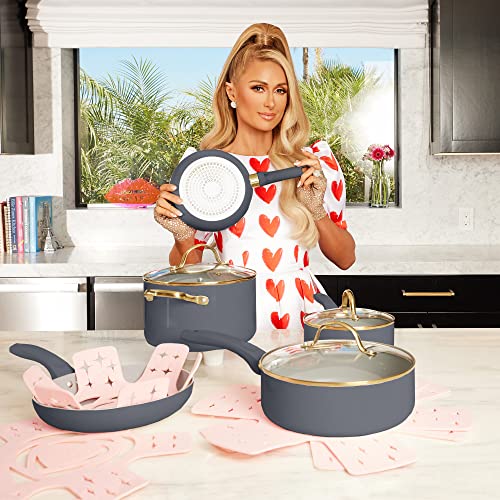 Image of Paris Hilton Epic Nonstick Pots and Pans Set, Multi-layer Coating, Tempered Glass Lids, Soft Touch, Stay Cool Handles, Made without PFOA, Dishwasher Safe Cookware 12-Piece, Charcoal Gray
