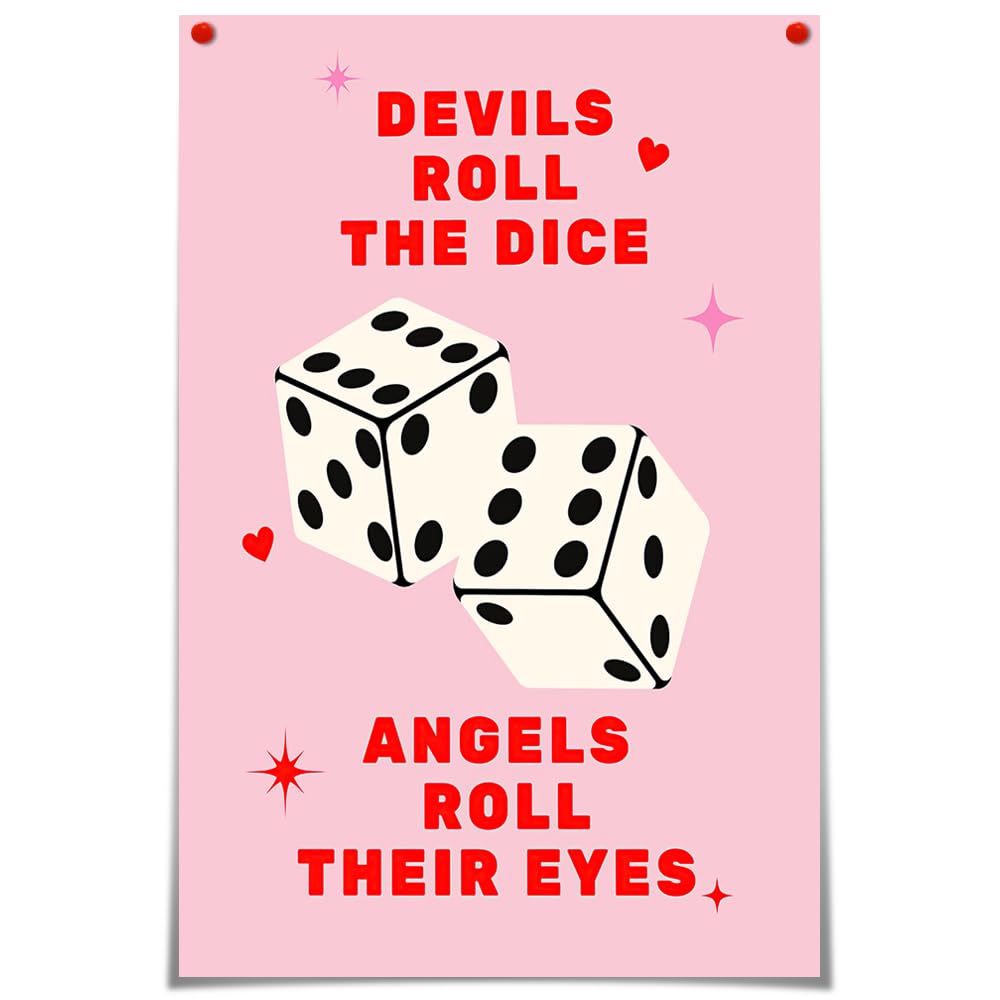 GenericPink Retro Devils Roll The Dice Canvas Wall Art， Lucky Number 6 Game Room Posters Prints,colorful Cute Funky Girl Wall Decor Aesthetic Dormitory Bedroom Painting 12x16in Unframed