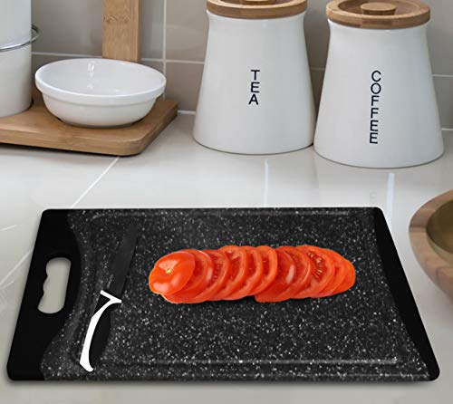 CHEF GRIDS Durable Plastic XL Marble Cutting Board, Chopping Board Thick Plastic, for Vegetable Meat or Cheese with Non-Slip Feet, Handles Juice Groove | Dishwasher Safe (3-pc Set, Black)