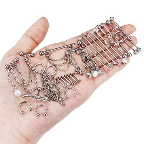 Ocptiy 14G 16G Industrial Piercing Jewelry with Chain Surgical Steel Cartilage Tragus Helix Earring Body Piercing Jewelry for Women Men Bar 15PCS-25PCS3