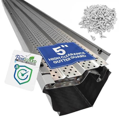Image of FlowGuard USA Made Professional DIY 5 Inch High Clearance 50-Year Gutter Cover System - Matte - Aluminum Gutter Guards - 102 Feet - by FlexxPoint