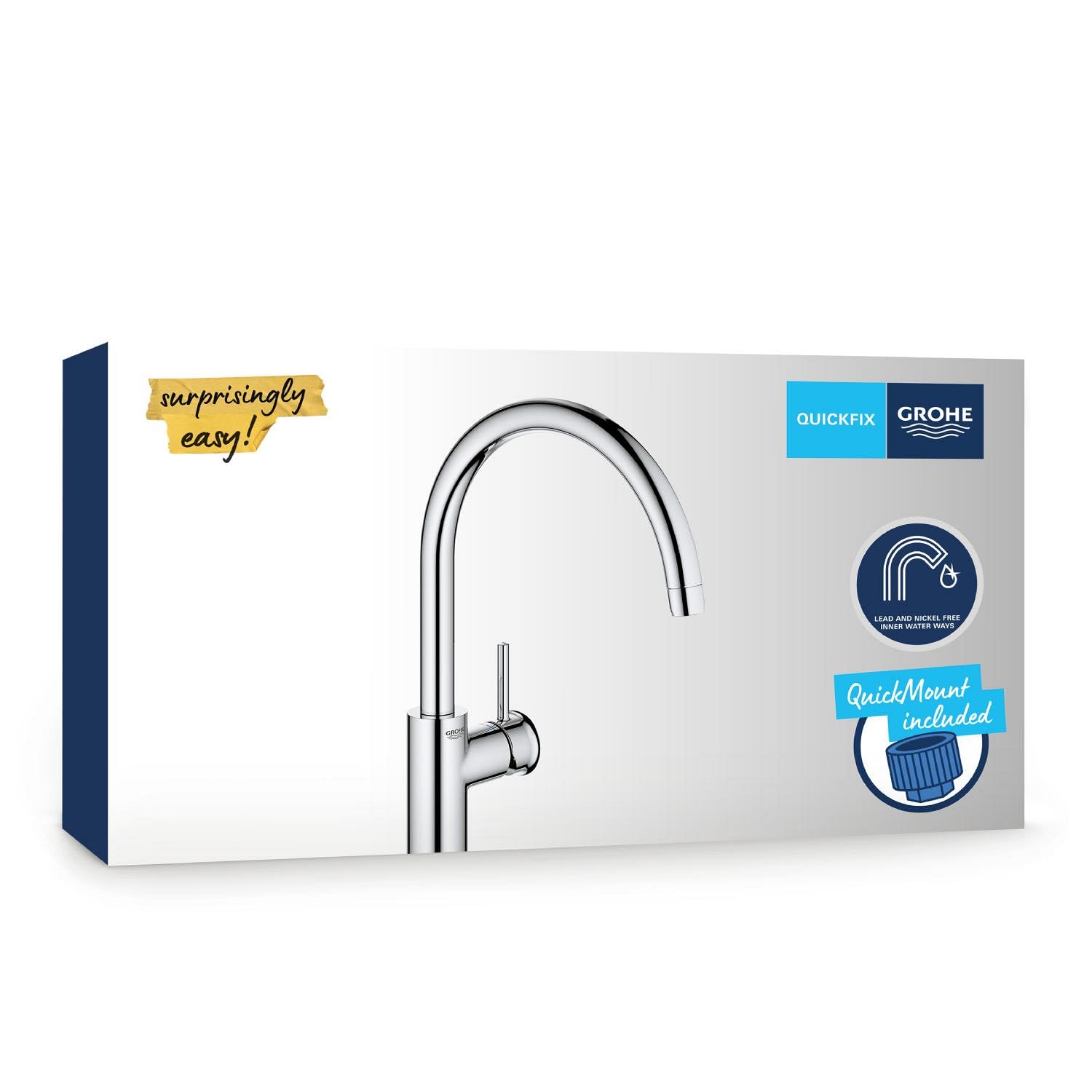 GROHE Start Classic 31553001 - Rubinetto monocomando per lavello (beccuccio C, angolo di rotazione 360°, collegamento flessibile, con strumento di montaggio), cromato