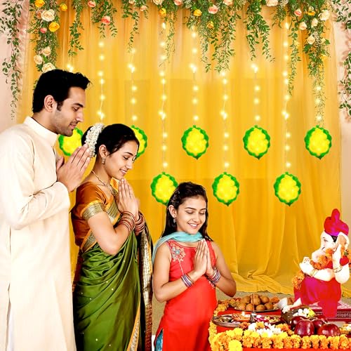 Image of Party Propz Yellow Backdrop for Decorations with Ganpati Curtain Lights, Haldi Decoration Items for Home Decor, Backdrop Cloth for Decoration Pooja, Wedding Decor (3Pcs)(Net)