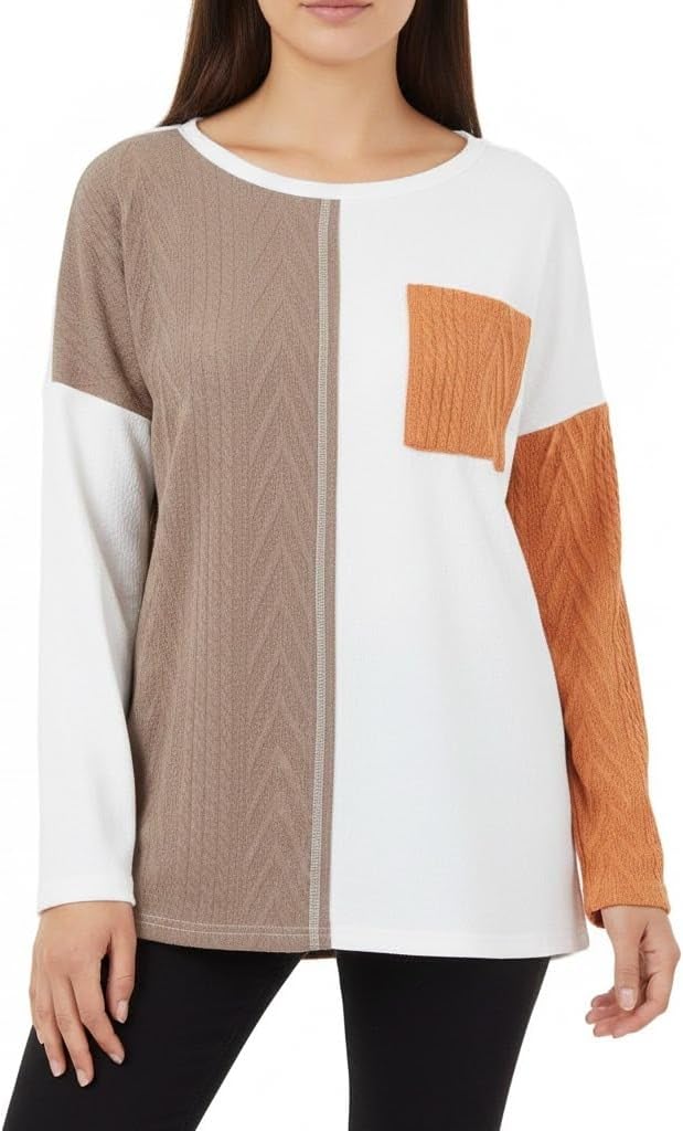 Orange Long Sleeve Colorblock Chest Pocket Textured Knit Top