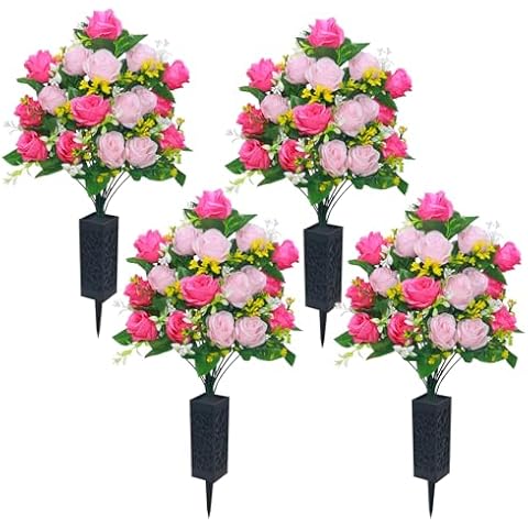Lodou 4 Sets Artificial Cemetery Flowers, Memorial Flowers Bouquet with Cemetery Vase,Artificial Rose Bouquet Graveyard Memorial Flowers for Graveyard Headstones Decoration (4, Powder Red) Cover