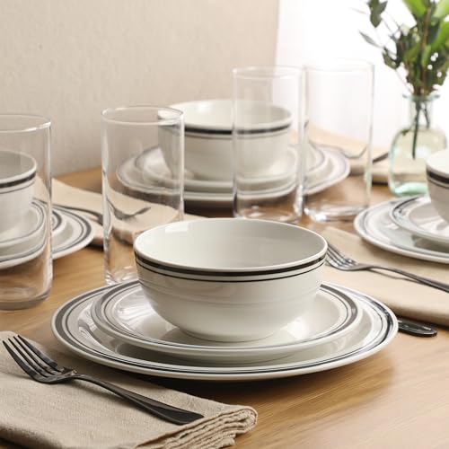 Image of Gibson Home Hometown Diner 12-Piece Porcelain Dinnerware Set, Round Plates and Bowls Set for 4, White with Black Rim, Dishwasher Safe - Dinner Plate, Salad Plate & Cereal Bowl