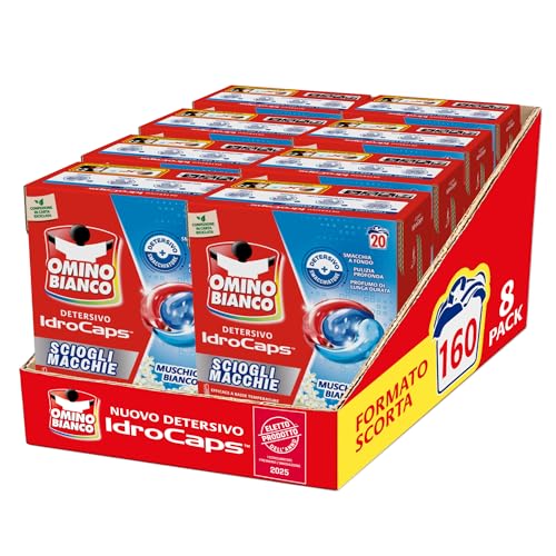 Omino Bianco Idrocaps - Detersivo Lavatrice In Capsule Sciogli Macchie, 160 Lavaggi, Efficace a Basse Temperature, Profumo Muschio Bianco, 20 Caps x 8 Confezioni