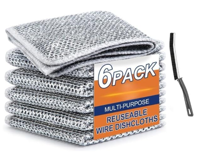 Claiez 6 Pack Non-Scratch Wire Dishcloth & Gaps Cleaning Brush, Multipurpose Wire Dishwashing Rags for Wet and Dry, Easy Rinsing, Reusable, Wire Cleaning Cloth for Kitchen, Sinks (6 Cloth+1 Brush)/