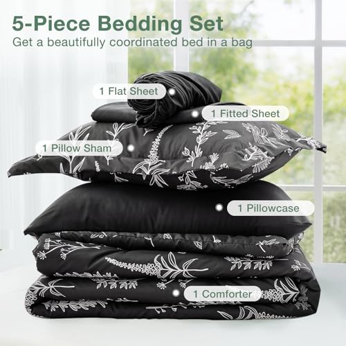 Image of MUXHOMO Black Twin Comforter Set, Elegant Floral Print Bed in a Bag 5 Pieces, Ultra Soft & Breathable Reversible Botanical Pattern Bedding Set with Comforter, Sheets, Pillowcase, and Sham