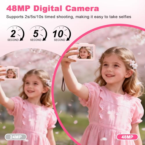 Image of Digital Camera, Autofocus 4K Point and Shoot Digital Cameras with 16X Zoom Anti Shake, 48 MP Cameras for Photography with 32GB Card, Compact Portable Small Camera for Kids Girls Boys Beginners, Pink