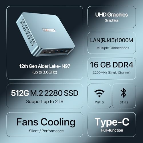 Image of PELADN Mini PC, Intel N97(up to 3.4GHz),16GB DDR4 /512GB SSD,Type-C /Dual HDMI,Mini Desktop Computer,4K /60Hz Triple-Display USB3.2 /BT4.2 /WiFi5 Mini Computers for Home Business