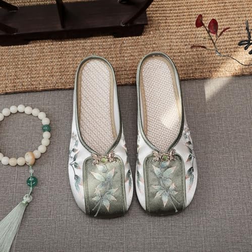 Satin Flower Embroidered Flats Slippers Women's Chinese Traditional Ancient Style Hanfu Shoes Casual Lightweight Closed-toe ls To Match Cheongsam(Green,6 UK) (Green 3.5 UK)4