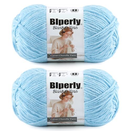 Image of Skinny Chenille Yarn for Crocheting, #2 Blue Thin Baby Blanket Plush Yarn | 2 Pack of 158 Yds, 1.7 Oz Sport Fingering Weight Fine Yarn, Soft Fluffy Velvet Yarn for Crochet knitting Blankets, Amigurumi