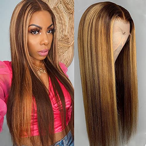 Vipbeauty Ombre Lace Front Wig Human Hair 4/27 Highlight 13x1x6 Deep Parting Transparent Lace Front T Part Wig Brown Blonde Colored Brazilian Virgin Human Hair Wig For Black Women 24 inch